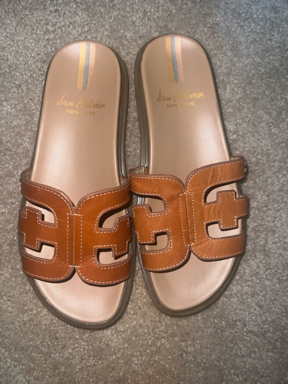 Sam Edelman Cognac Leather Cutout Slide Sandals almost new